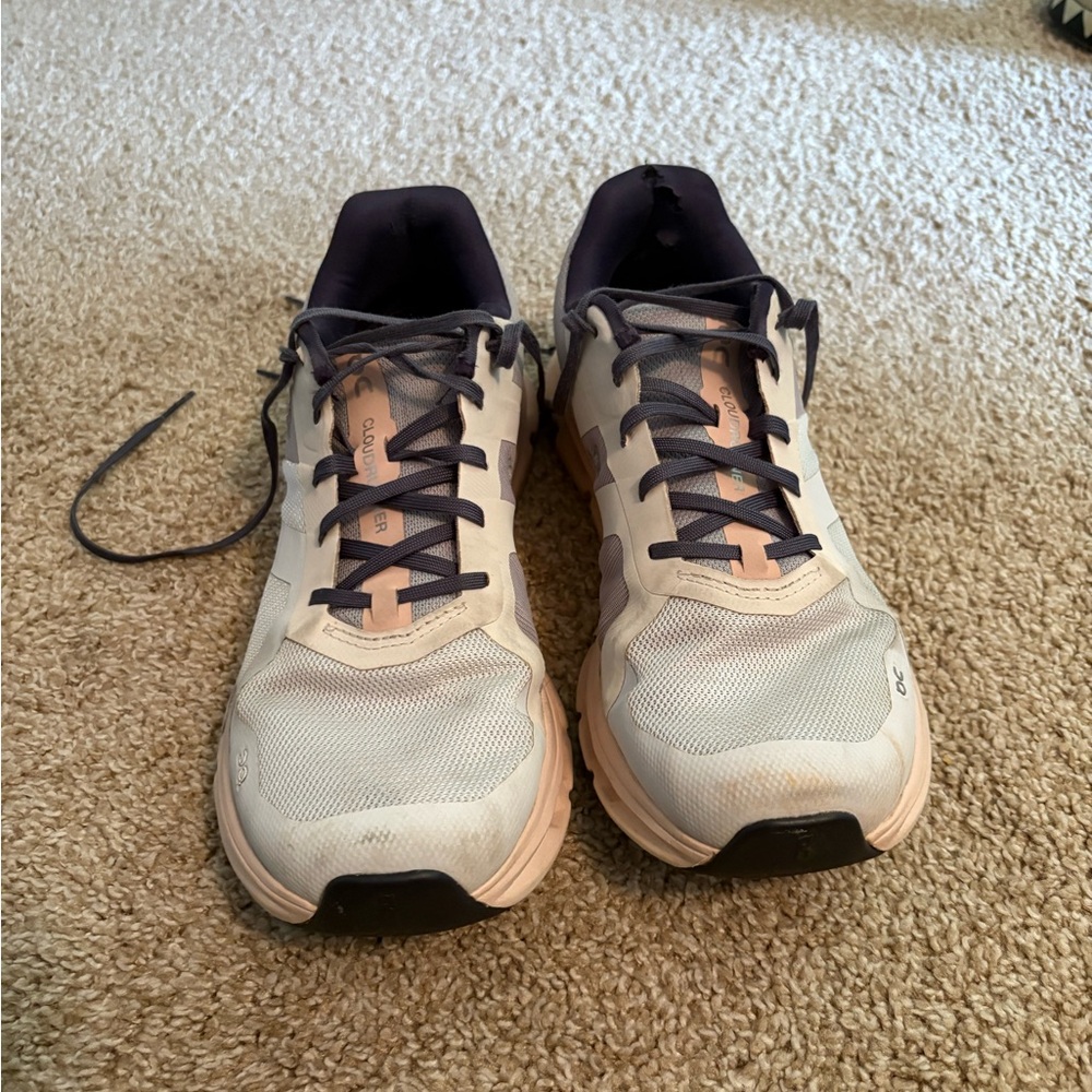On Running Light Pink and Grey Shoes